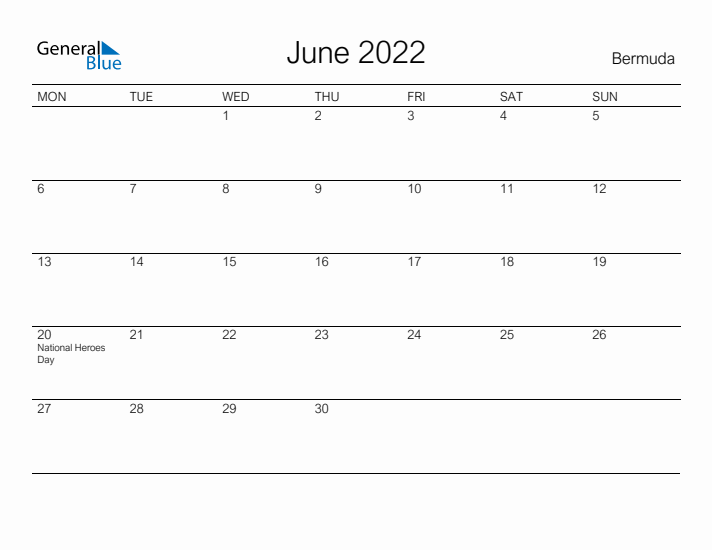 Printable June 2022 Calendar for Bermuda