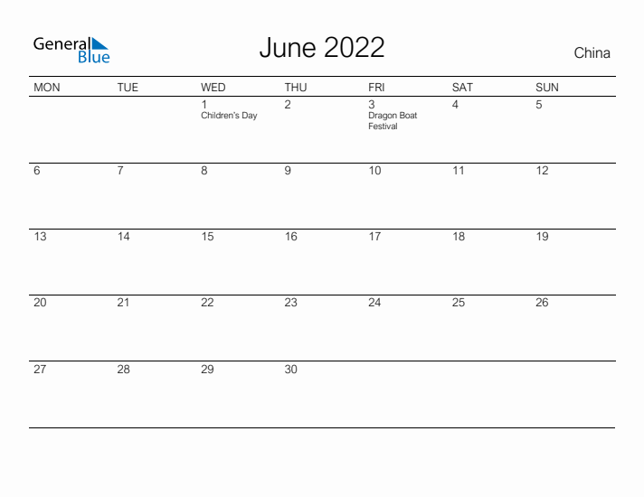 Printable June 2022 Calendar for China