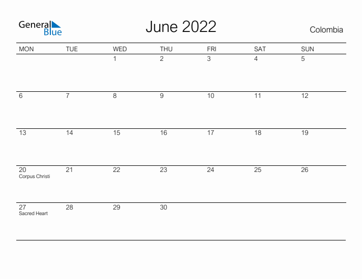 Printable June 2022 Calendar for Colombia
