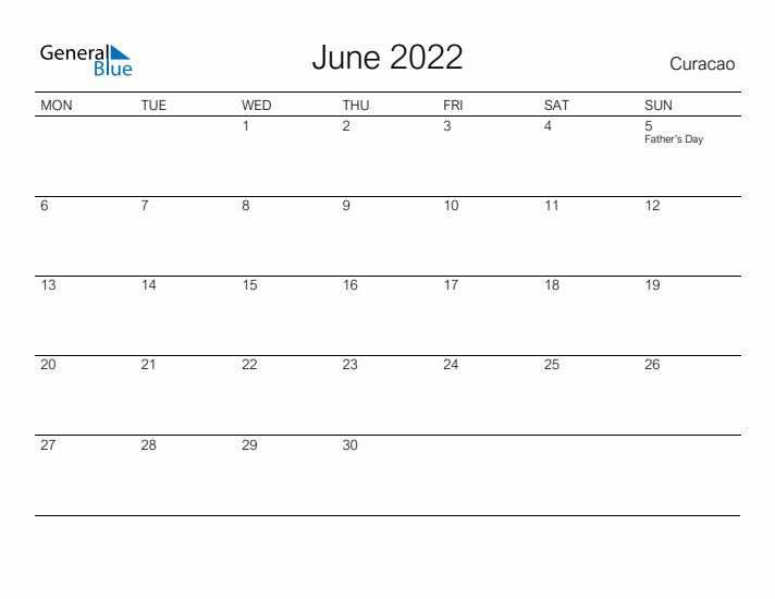 Printable June 2022 Calendar for Curacao