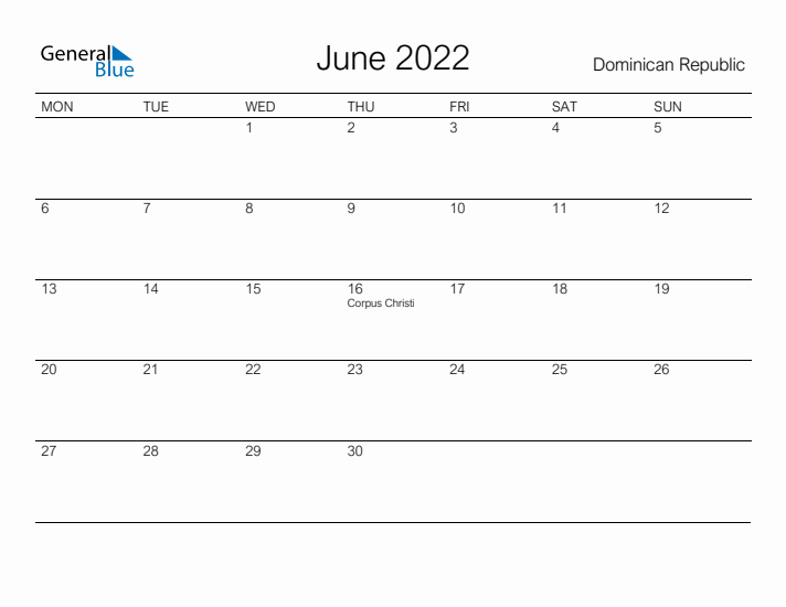 Printable June 2022 Calendar for Dominican Republic