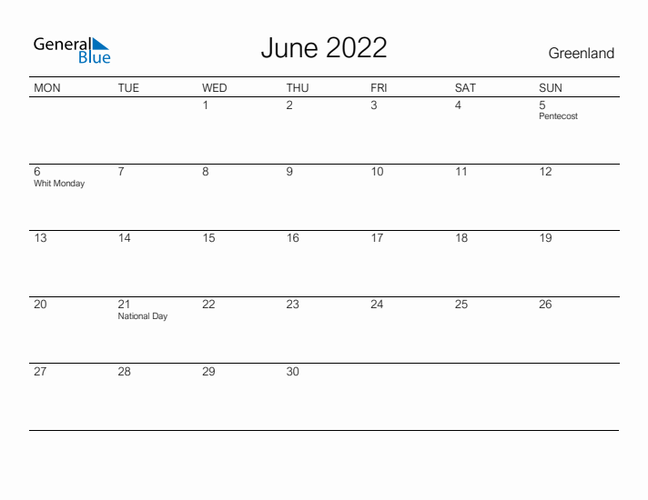 Printable June 2022 Calendar for Greenland