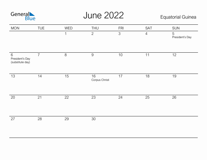 Printable June 2022 Calendar for Equatorial Guinea