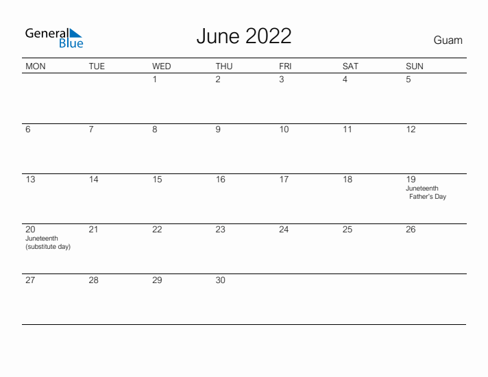 Printable June 2022 Calendar for Guam