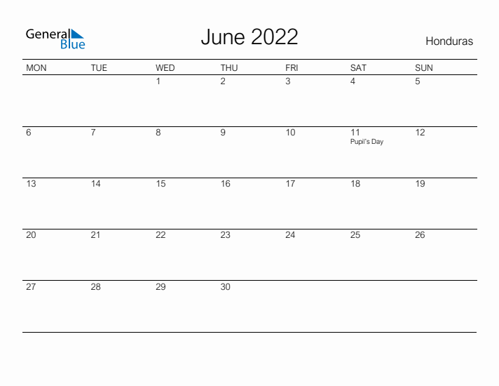 Printable June 2022 Calendar for Honduras