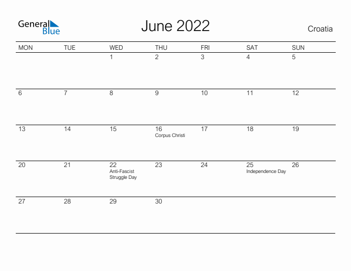 Printable June 2022 Calendar for Croatia