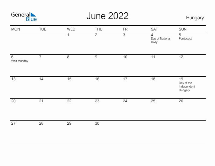 Printable June 2022 Calendar for Hungary