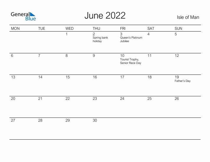 Printable June 2022 Calendar for Isle of Man