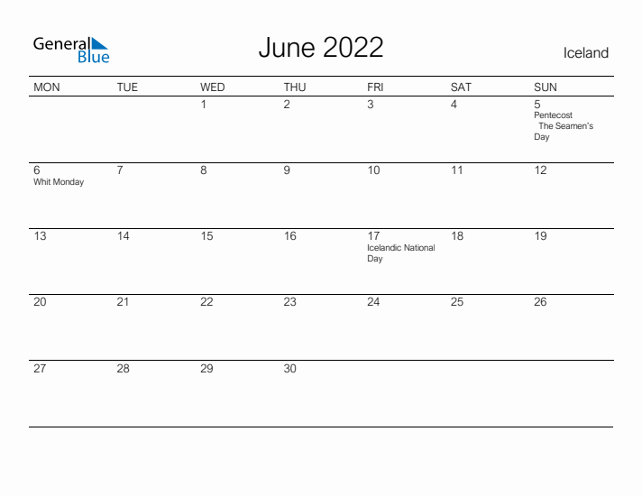 Printable June 2022 Calendar for Iceland