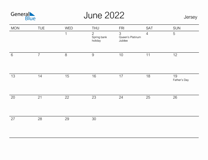 Printable June 2022 Calendar for Jersey