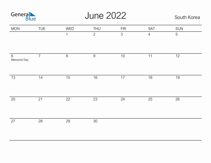 Printable June 2022 Calendar for South Korea