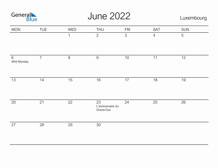 Printable June 2022 Calendar for Luxembourg
