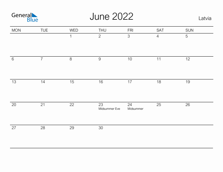 Printable June 2022 Calendar for Latvia