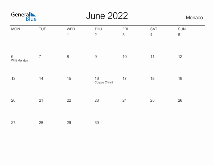 Printable June 2022 Calendar for Monaco