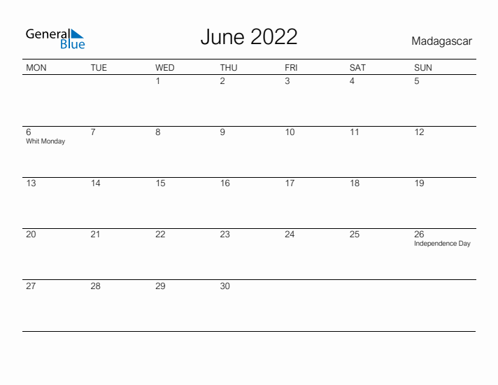 Printable June 2022 Calendar for Madagascar