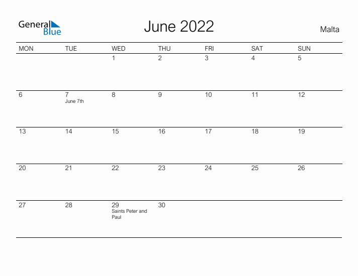 Printable June 2022 Calendar for Malta