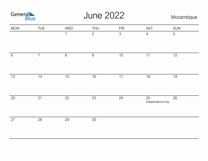 Printable June 2022 Calendar for Mozambique