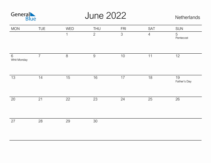 Printable June 2022 Calendar for The Netherlands