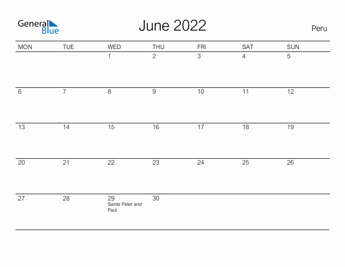 Printable June 2022 Calendar for Peru
