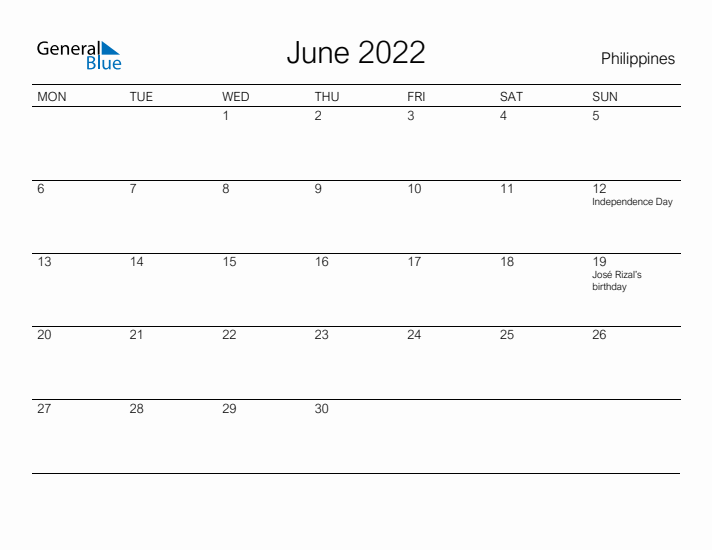 Printable June 2022 Calendar for Philippines