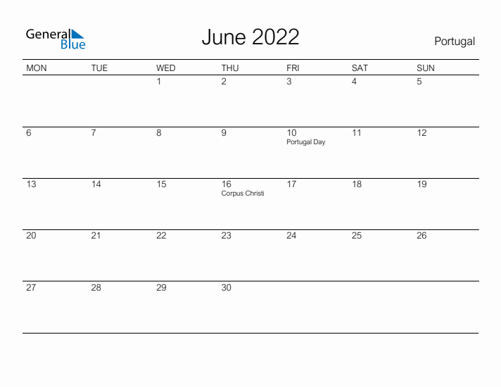 Printable June 2022 Calendar for Portugal
