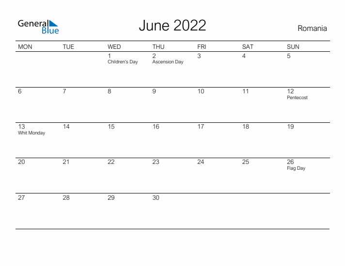 Printable June 2022 Calendar for Romania
