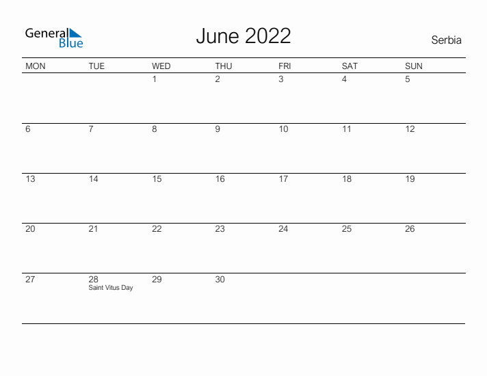 Printable June 2022 Calendar for Serbia