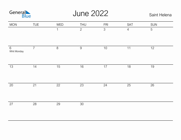 Printable June 2022 Calendar for Saint Helena