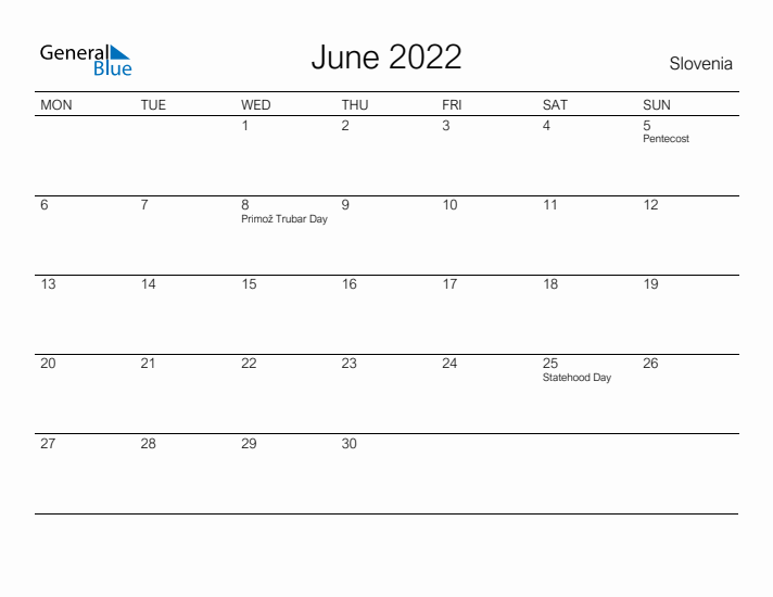 Printable June 2022 Calendar for Slovenia