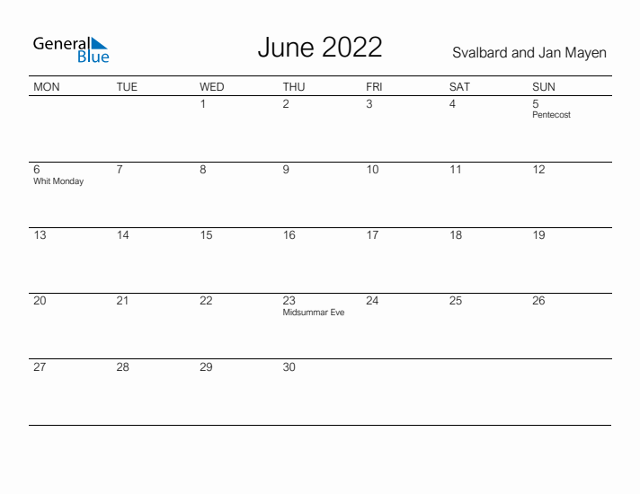 Printable June 2022 Calendar for Svalbard and Jan Mayen