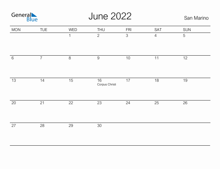 Printable June 2022 Calendar for San Marino