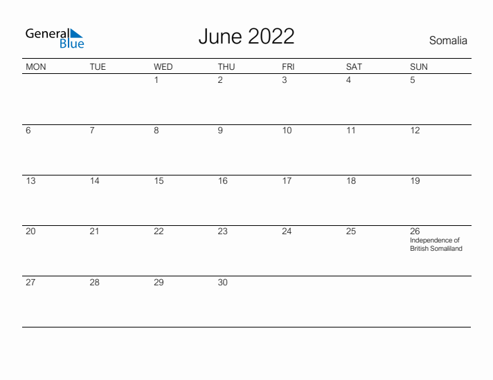 Printable June 2022 Calendar for Somalia