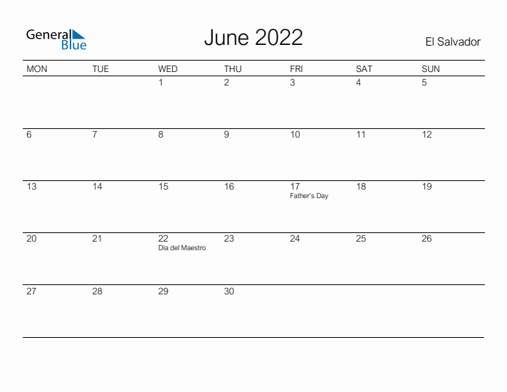 Printable June 2022 Calendar for El Salvador