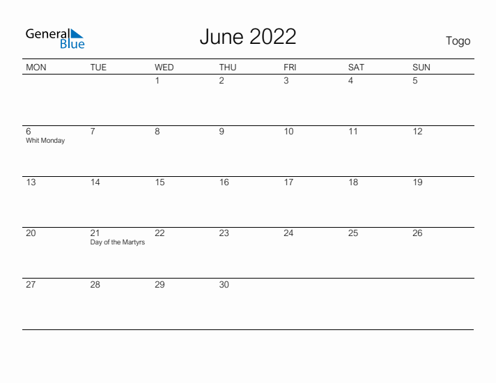 Printable June 2022 Calendar for Togo