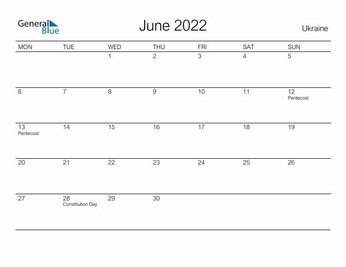 Printable June 2022 Calendar for Ukraine