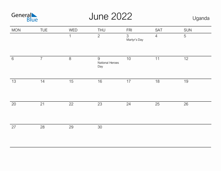 Printable June 2022 Calendar for Uganda
