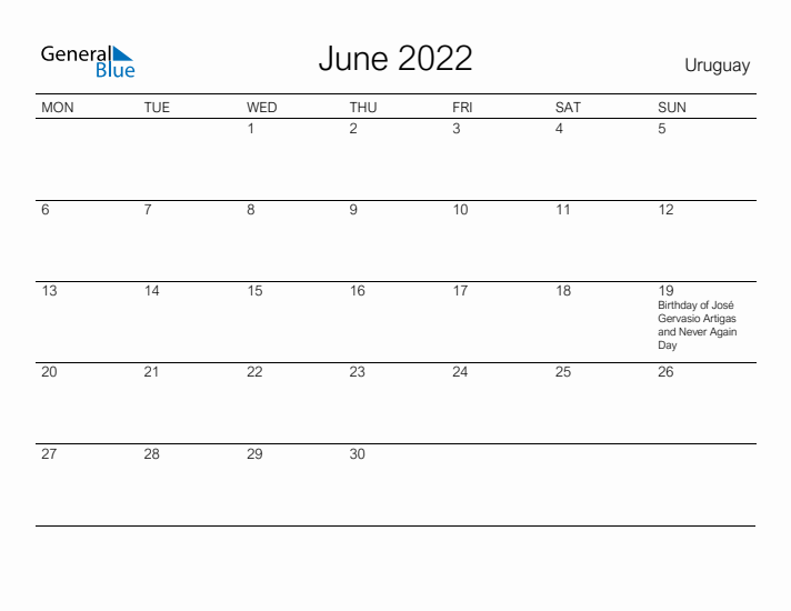 Printable June 2022 Calendar for Uruguay