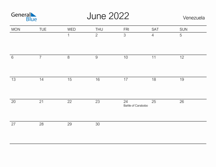 Printable June 2022 Calendar for Venezuela