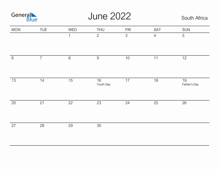Printable June 2022 Calendar for South Africa
