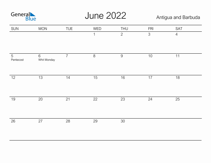 Printable June 2022 Calendar for Antigua and Barbuda