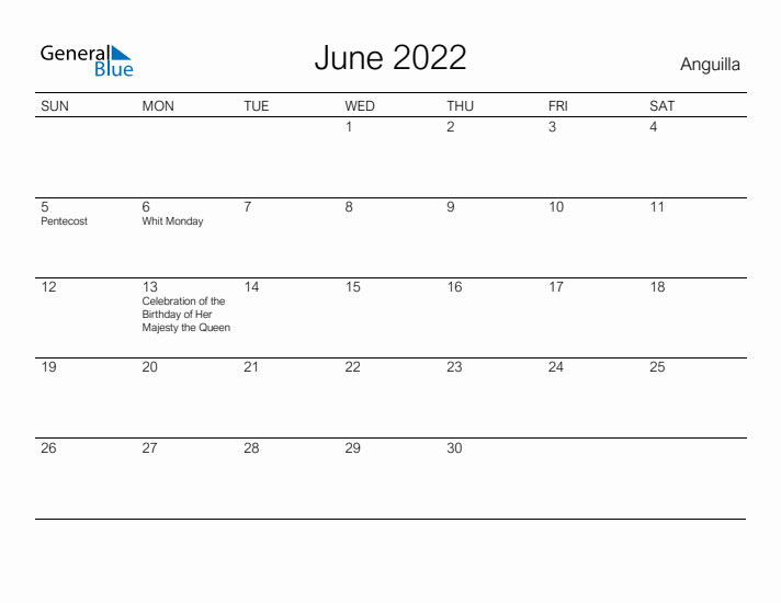 Printable June 2022 Calendar for Anguilla