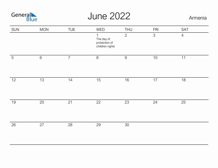 Printable June 2022 Calendar for Armenia