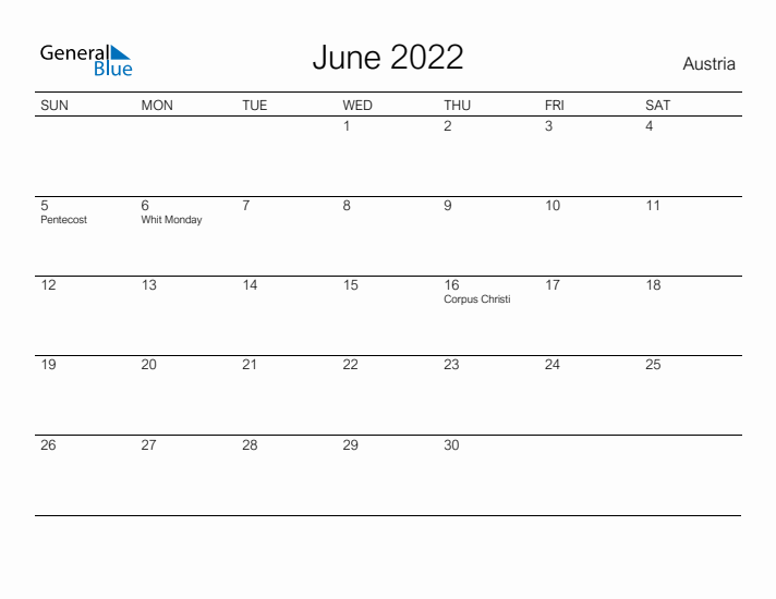 Printable June 2022 Calendar for Austria