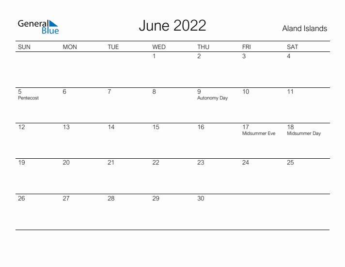 Printable June 2022 Calendar for Aland Islands