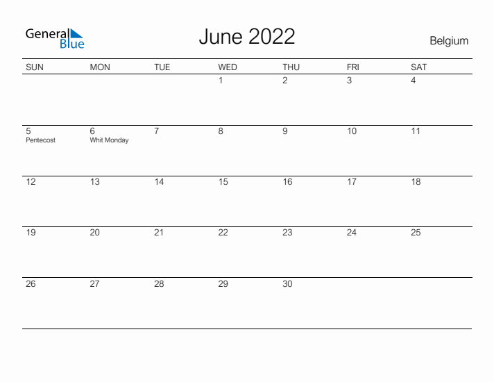 Printable June 2022 Calendar for Belgium