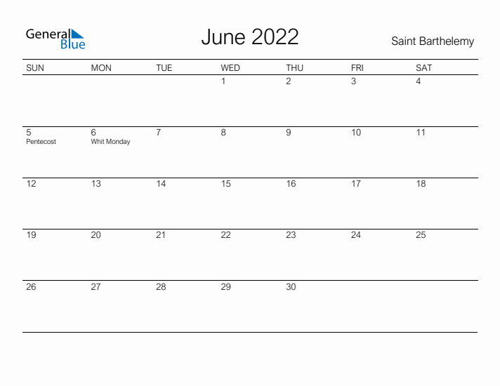 Printable June 2022 Calendar for Saint Barthelemy