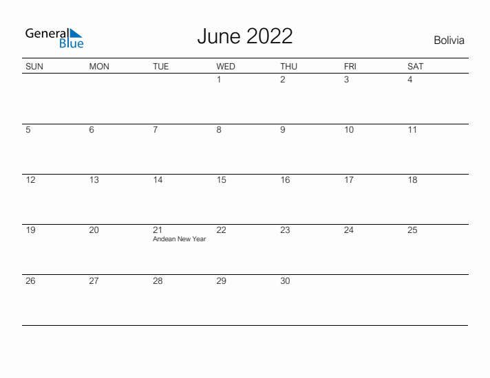 Printable June 2022 Calendar for Bolivia