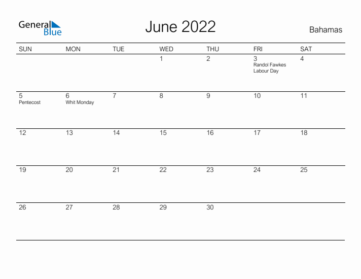 Printable June 2022 Calendar for Bahamas