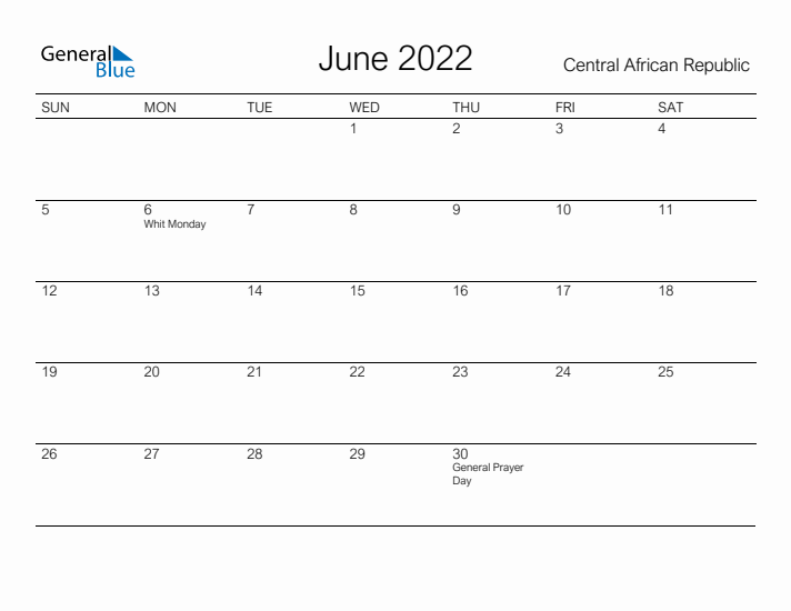 Printable June 2022 Calendar for Central African Republic