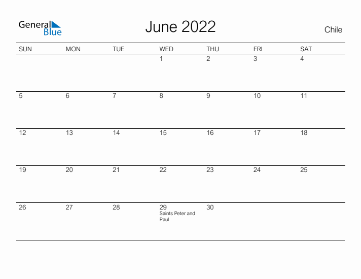 Printable June 2022 Calendar for Chile